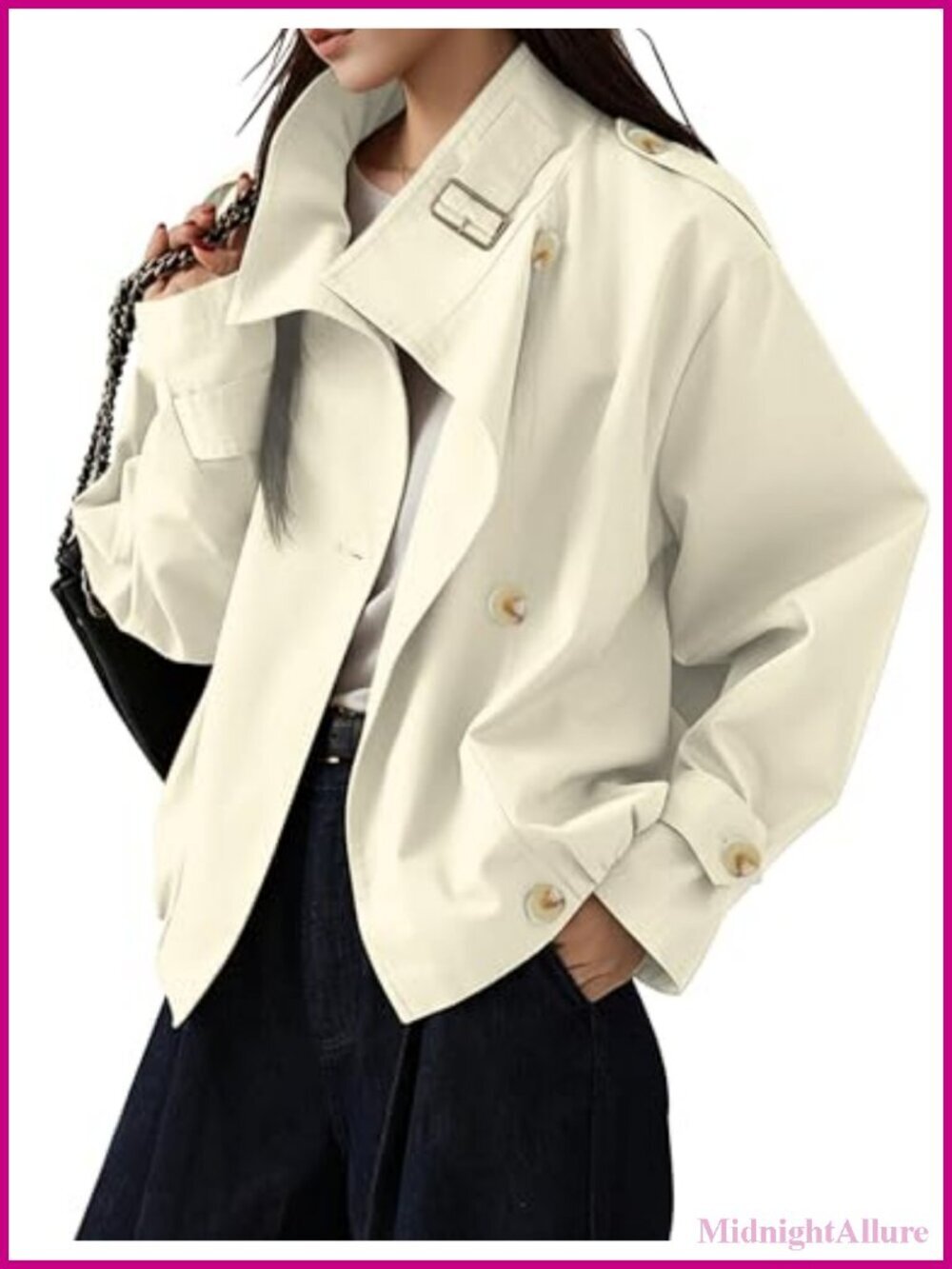 Vintage Trench Coat Crop Jacket with Pockets